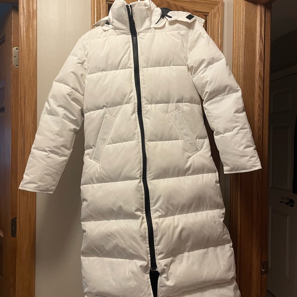 White Full-Length Puffer Coat with Hood